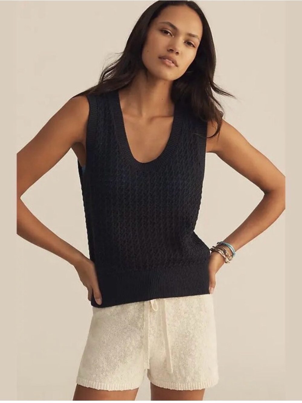 Varley Navy Open-Knit Sleeveless V-Neck Sweater Vest size L. NWOT